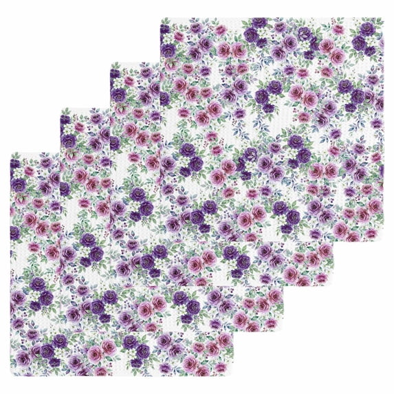 Purple Pink Roses Kitchen Dish Towels for Drying Dishes Set of 4, Spring Floral Elegant Pastoral Botanical Waffle Weave Microfiber Hand Tea Bathroom Towels Quick Dry & Absorbent Towel 12x12