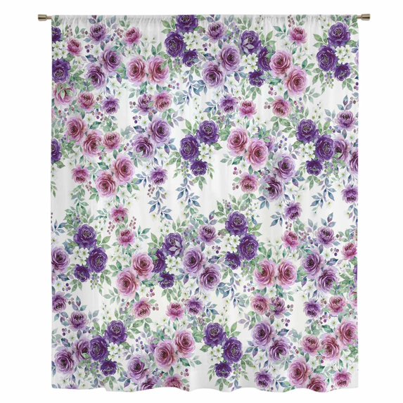 Purple Pink Roses Sheer Curtains 63 Inches Long, Spring Floral Elegant Pastoral Botanical Light Filering Curtains, Breathable Simi Curtain Privacy Drapes for Living Room Bedroom Window Treatment