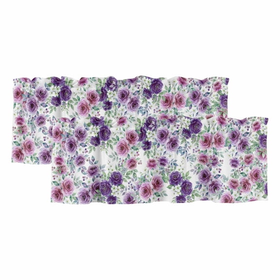 Purple Pink Roses Valances for Windows, Spring Floral Elegant Pastoral Botanical Light Filtering Kitchen Curtains, Rod Pocket Window Valance Curtains for Living Room Bedroom, 42" W x 12" L, 2 Panels