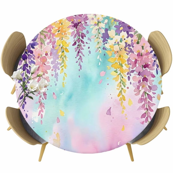 Purple Pink Round Tablecloth 36-44 Inch Round Fitted Table Cloth with Elastic Edge, Spring Watercolor Wisteria Flowers Leaf Waterproof Table Cover Protector for Outdoor Picnic Party Dining