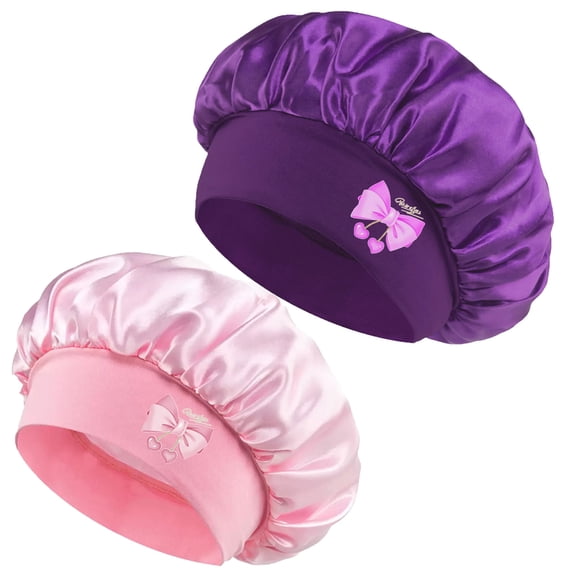 Purple Pink Satin Bonnets for Hair Women Sleeping Beige Night Sleep Caps Single Layer 2 Pack
