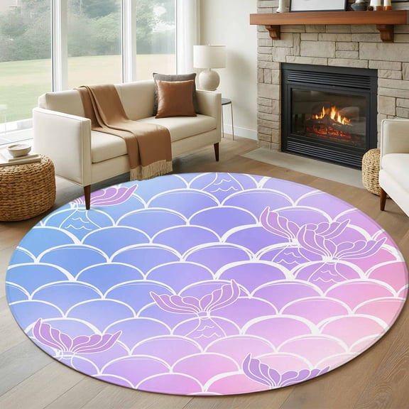 Purple Pink Scale Round Area Rug 5 FT, Non Slip Bedroom Area Rug, Gradient Overlay Geometric Washable Soft Circular Carpet Non-Shedding Floor Mat for Kitchen Dining Room Foyer Balcony Dorm