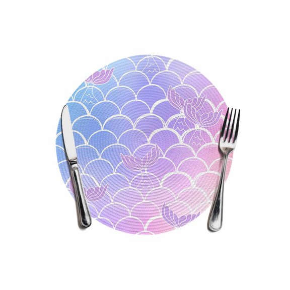 Purple Pink Scale Round Placemats for Dinning Tables, Heat-proof Braided Table Mats 13 Inch, Gradient Overlay Geometric Washable Place Mat for Kitchen Restaurant Party Decor Supplies Table Setting