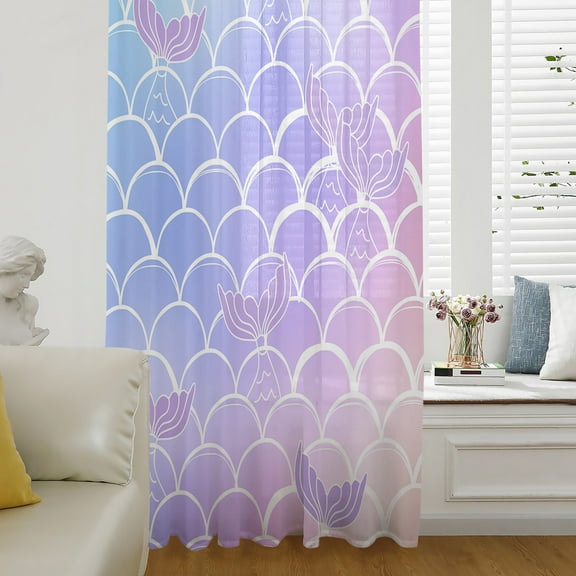 Purple Pink Scale Semi Sheer Curtains Drapes for Living Room, Bedroom, French Doors Window 45 Inches Long, Gradient Overlay Geometric Rod Pocket Chiffon Curtain Drapery Voile Draperies Panel