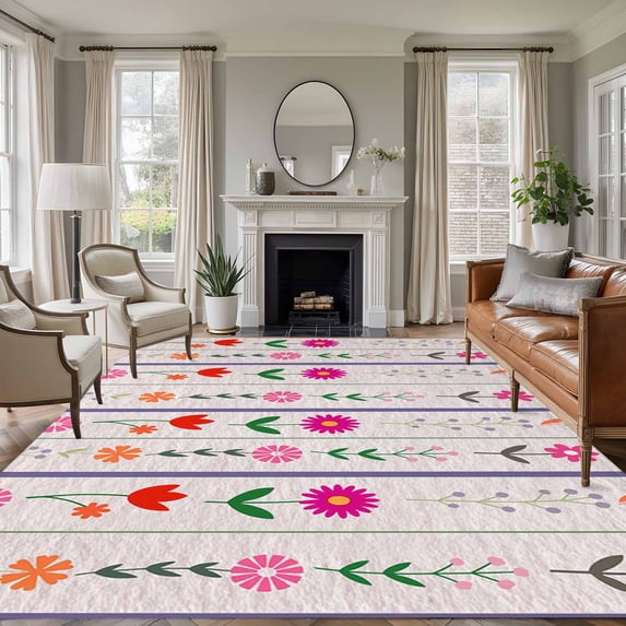Purple Pink Spring Floral Area Rugs 5'x7', Small Throw Rugs for Laundry Room Playroom, Colorful Summer Flowers Botanical Indoor Outdoor Rug Non-Slip Low Pile Carpet Runner Reversible Floor Mats