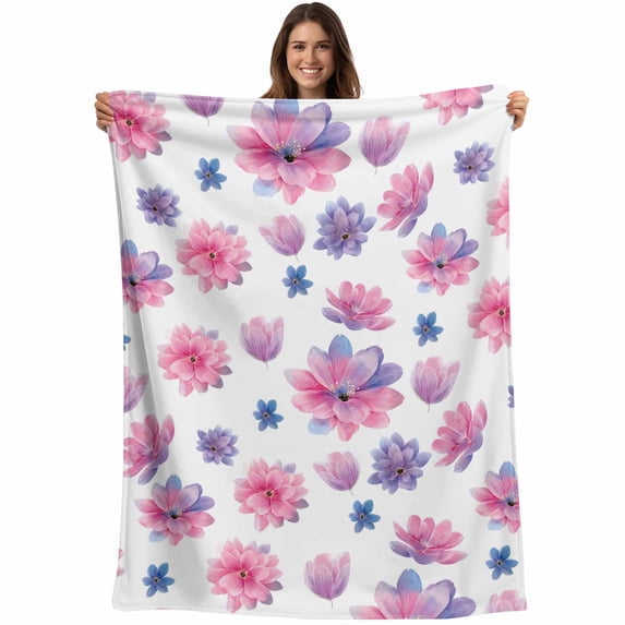 Purple Pink Spring Floral Blanket Soft Cozy Warm Throw Blanket for Couch, Plush Fuzzy Flannel Fleece Blankets for Sofa, Summer Botanical Flower Bed Blankets Lightweight Gifts for Women, 40"x50"