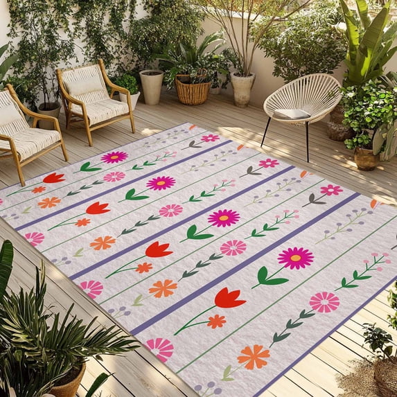 Purple Pink Spring Floral Outdoor Rug for Patio/Deck/Porch, Non-Slip Large Area Rug 3 x 5 Ft, Colorful Summer Flowers Botanical Indoor Outdoor Rugs Washable Area Rugs, Camping Rug Carpet Runner