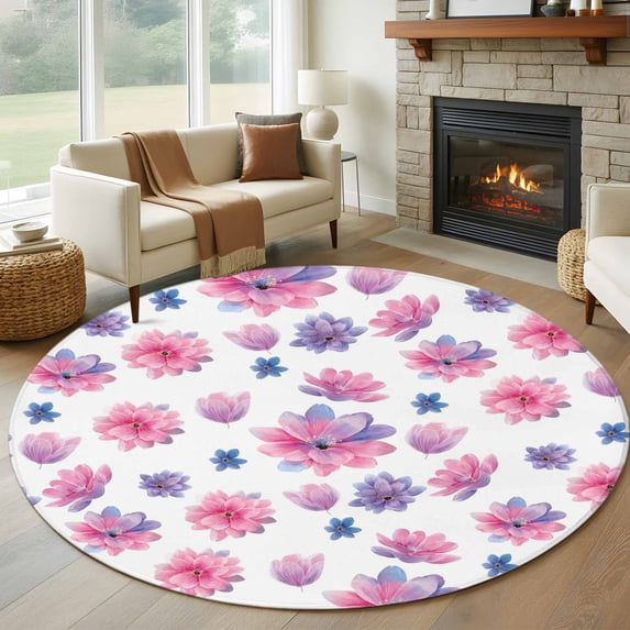 Purple Pink Spring Floral Round Area Rug 5Ft Washable Circle Rugs for Living Room Bedroom, Summer Botanical Flower Non-Slip Carpet Floor Mats Indoor Outdoor Carpet Runner Aesthetic Home Decor