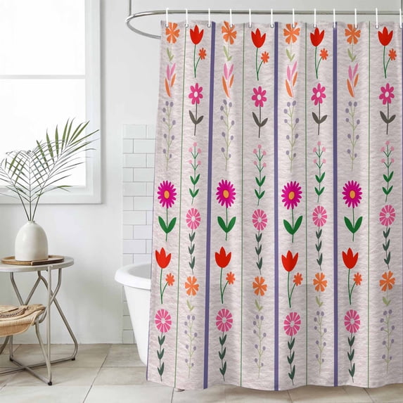 Purple Pink Spring Floral Shower Curtain Set, Waterproof Shower Curtains for Bathroom, Colorful Summer Flowers Botanical Washable Fabric Bath Curtain for Bathtub Decoration with Hooks 60x72 Inches