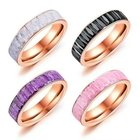 Purple/Pink/White/Black Crystal Band Womens Titanium Steel Rose Gold Ring Sz 5-9