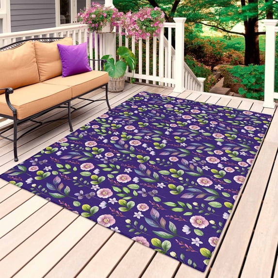 Purple Pink Wildflowers Outdoor Rug for Patio/Deck/Porch, Non-Slip Large Area Rug 4 x 6 Ft, Pastoral Botanical Leaves Indoor Outdoor Rugs Washable Area Rugs, Reversible Camping Rug Carpet Runner