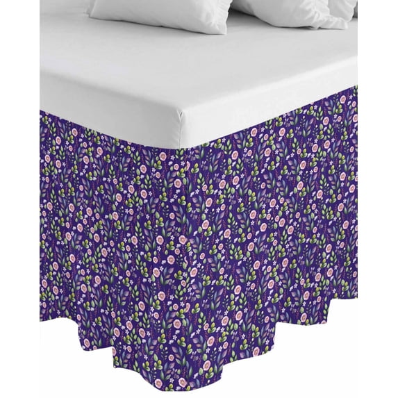 Purple Pink Wildflowers Wrap Around Bed Skirts for California King Bed 16" Drop,Bed Skirt with Adjustable Elastic Belt Dust Ruffle Bed Valance for Bedroom Pastoral Botanical Leaves Bed Frame Cover