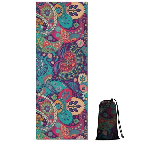 Purple Pioneer Flower and Paisley Pattern Hot Yoga Mat Towel Non Slip for Hot Yoga - Quick-Drying Yoga Mat Cover with 4 Corner Pockets with Travel Bag - Hot Yoga Towel Non Slip 74"x26"