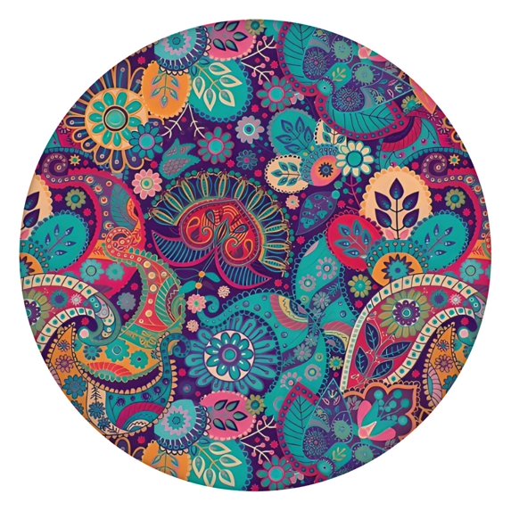 Purple Pioneer Flower and Paisley Pattern Round Fitted Tablecloth with Elastic Edge,Dining Table Cover Waterproof,Outdoor Round Tablecloth for Camping,Dining,Indoor and Outdoor