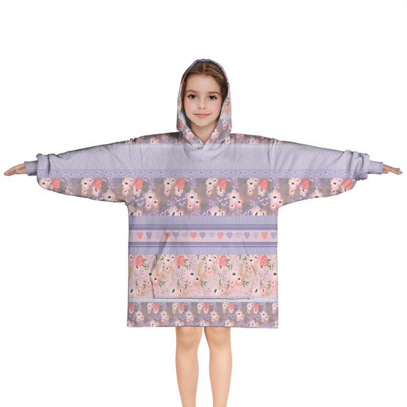 Purple Pioneer Flower Striped Pattern Blanket Hoodies for Kids 6-13YR Oversize Wearable Blanket Hoodies for Boys Girls Teens