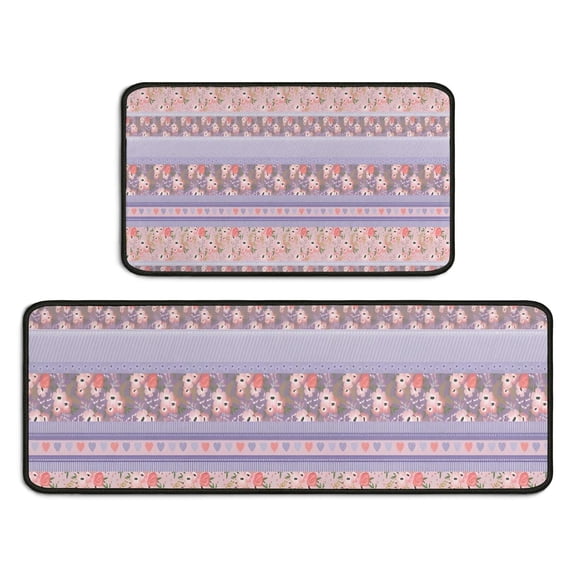 Purple Pioneer Flower Striped Pattern Kitchen Rugs Sets Of 2,Anti Fatigue Kitchen Mat Rugs Non Slip Washable,Decorative Kitchen Floor Mats for Kitchen,Sink,Laundry,17"X30"+17"X47"