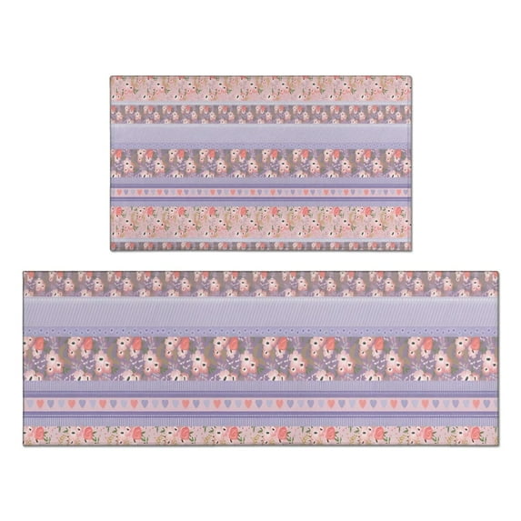 Purple Pioneer Flower Striped Pattern Kitchen Rugs Sets Of 2,Anti Fatigue Kitchen Mat Rugs Non Slip Washable,Decorative Kitchen Floor Mats for Kitchen,Sink,Laundry,17"x30"+17"x47"
