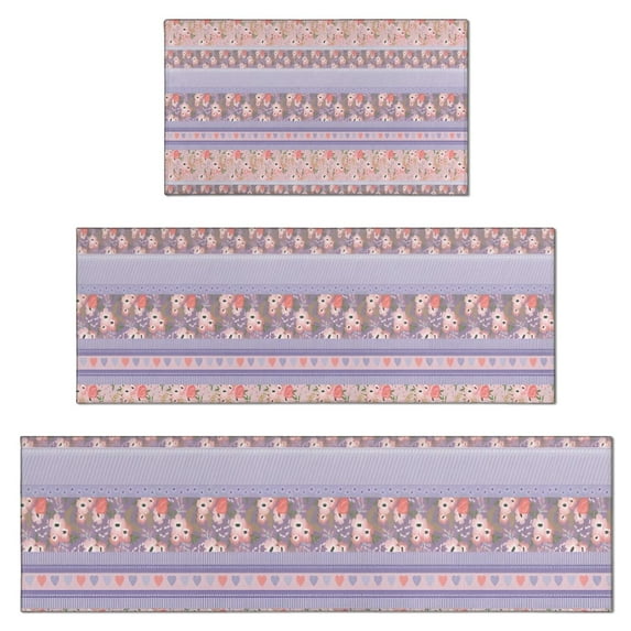 Purple Pioneer Flower Striped Pattern Kitchen Rugs Sets Of 3,Kitchen Runner Rugs Non Skid Washable,Decorative Kitchen Floor Mats for Kitchen,Sink,Laundry,17"x30"+ 17"x47" + 17"x59"