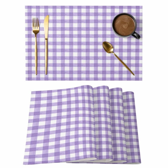 Purple Placemats Set of 8, Country French Rustic Buffalo Plaid Modern Art Placemats for Dining Table, Place Mats for Kitchen Tabletop, Waterproof Wipeable Dining Table Mats Set