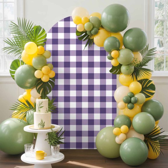 Purple Plaid Arch Backdrop Cover, 5FT, Purple Gradient Line Check Geometric Spandex Arch Covers Double-Sided Backdrop for Wedding Birthday Party Photo Background Decoration