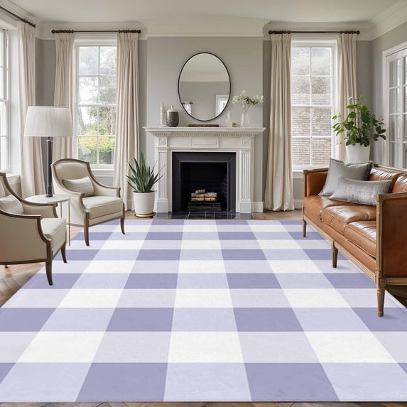 Purple Plaid Area Rug 6x9 FT, Non Slip Living Room Throw Carpet, Spring Summer Farmhouse Buffalo Checkered Washable Soft Large Floor Carpet Non-Shedding Rug for Bedroom Dining Room Play Room