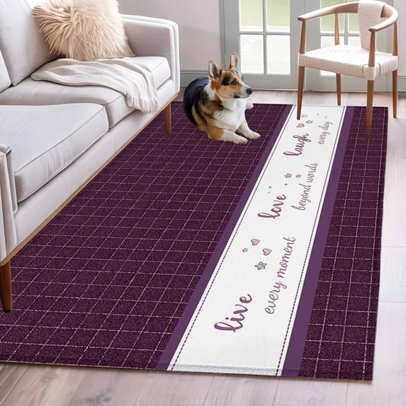 Purple Plaid Area Rugs 3'x5', Washable Small Throw Rugs for Living Room Bedroom, Live Love Laugh Text Star Love Heart Indoor Outdoor Rug Non-Slip Low Pile Carpet Runner Reversible Floor Mats