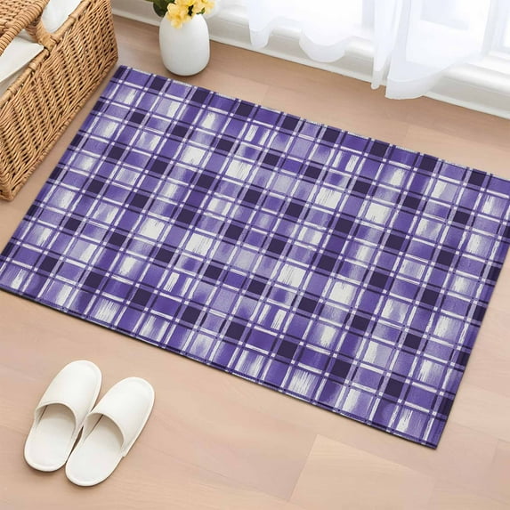 Purple Plaid Bathroom Rug Washable 2x3 Entryway Rug Non Slip Modern Art Checkered Farmhouse Front Door Mat Low Pile Indoor Doormat Throw Floor Carpet for Kitchen Bedroom Entrance
