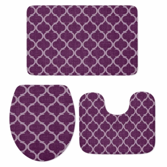 Purple Plaid Bathroom Rugs Set Retro Country Moroccan National Geometrical Plaid Non Slip Absorbent Soft Bath Mats 3 Piece Set with Bathroom Rug, U-Shaped Floor Mat, Toilet Seat Cover Small Size