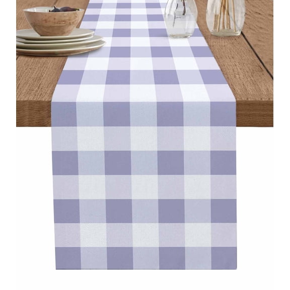 Purple Plaid Burlap Cotton Table Runner 13x36 Inches Short, Spring Summer Farmhouse Buffalo Checkered Farmhouse Table Runners, Outdoor Dining Tablecloths Decor for Baby Shower/Party/Wedding