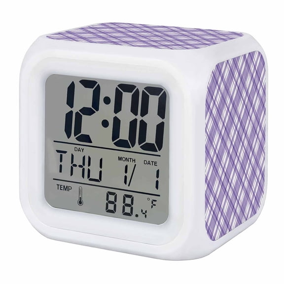 Purple Plaid Digital Alarm Clock for Bedrooms, Smart LED Alarm Clock with 7 Color Changing Night Light, White Stripes Modern Grids Geometric Silent Wake Up Clocks for Sleep Study Cooking 3.2"x3.2"