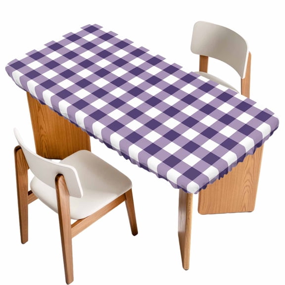 Purple Plaid Fitted Rectangle Tablecloth 24" x 50" Purple Gradient Line Check Geometric Elastic Table Cloth Fits for 4 Foot Folding Tables Waterproof Table Cover for Picnic Camping Outdoor