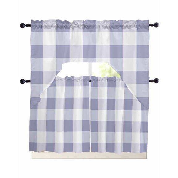 Purple Plaid Kitchen Curtains Sets 24 Inch Length with Valance, Spring Summer Farmhouse Buffalo Checkered Swag Valances and Tiers Curtain Set Drapes Swag Curtains for Living Room, Bathroom, Bedroom