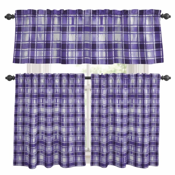 Purple Plaid Kitchen Curtains Sets for Windows 24 Inch Length, Modern Art Checkered Farmhouse Rod Pocket Window Treatments Tier Curtains and Valances Set for Bedroom/Bathroom