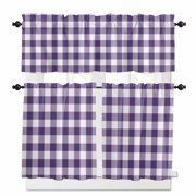 Purple Plaid Kitchen Curtains and Valances Set, Purple Gradient Line Check Geometric Rod Pocket Window Valance 18 Inch Window Curtain Panels for Living Room Bedroom Laundry, 27.5x24in, 3 Pieces