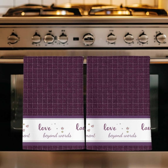 Purple Plaid Kitchen Towels Set of 1, Live Love Laugh Text Star Love Heart Absorbent Dish Towels for Kitchen, Microfiber Hand Towel, Quick Drying Tea Towel for Cleaning Decorative Dishcloths