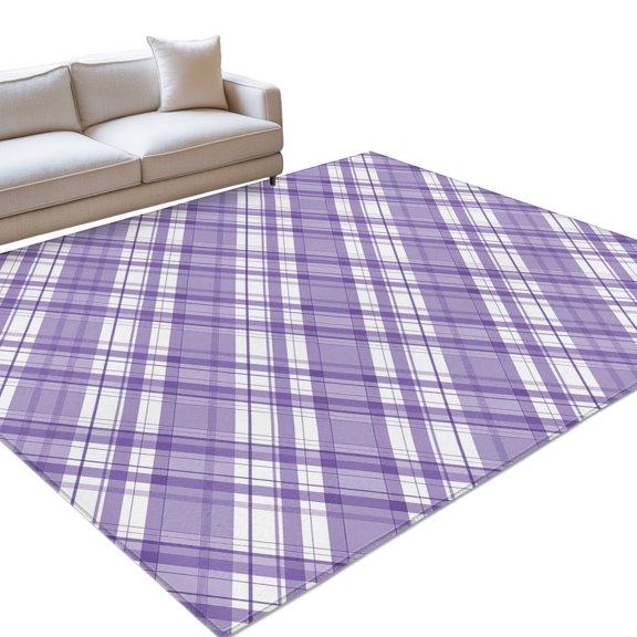 Purple Plaid Large Area Rugs 6x9ft Purple White Grids Geometric Washable Rug, Non Slip Indoor Carpet Absorbent Floor Mat for Living Room Bedroom Dining Room