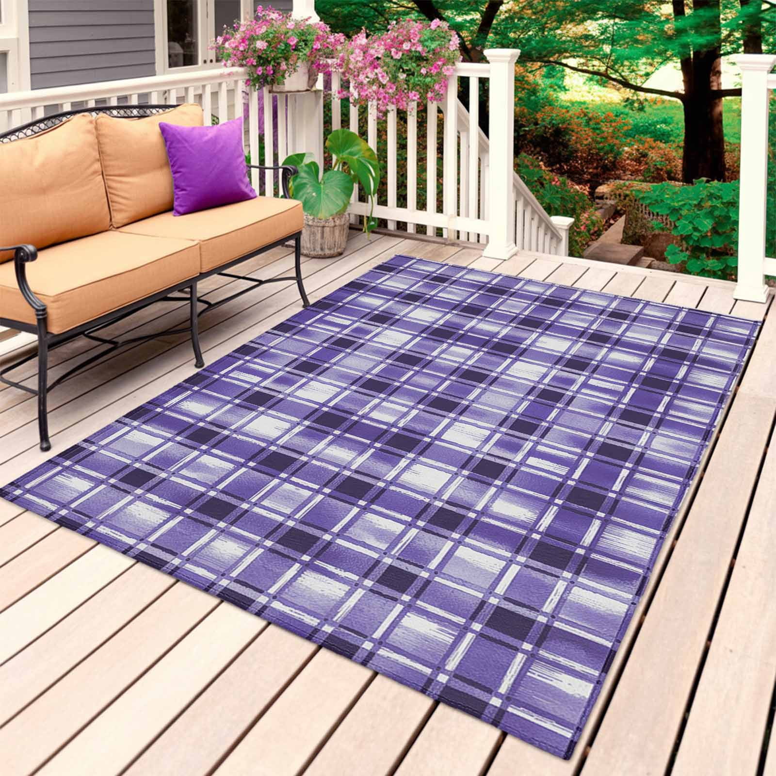 Purple Plaid Outdoor Rug 6x9 Ft, Non Slip Washable Area Rug, Modern Art Checkered Farmhouse Patio Rugs Carpet Runner, Large Floor Mat for Indoor/Outdoor Deck Porch Camping