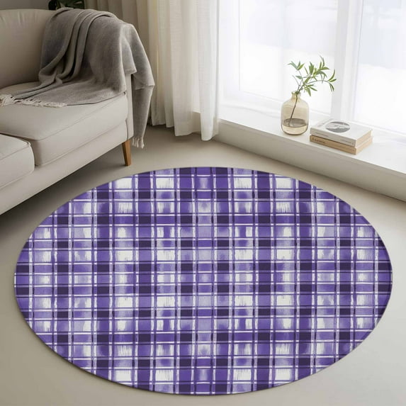 Purple Plaid Round Rug 3.3ft Washable Circle Entryway Rugs Non Slip Modern Art Checkered Farmhouse Area Rug Indoor Floor Carpet for Bedroom Kitchen Living Room Home Office Dining Room Nursery