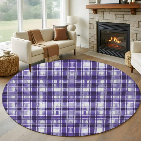 Purple Plaid Round Rug 7ft Washable Circle Rugs Non Slip Modern Art Checkered Farmhouse Large Area Rug Indoor Floor Carpet for Bedroom Kitchen Living Room Home Office Dining Room Nursery