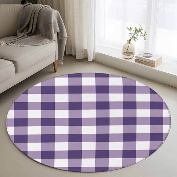 Purple Plaid Round Rugs for Living Room 3ft Purple Gradient Line Check Geometric Non Slip Circle Rug Washable Low-Profile Indoor Carpet for Bedroom, Dining Room, Bathroom