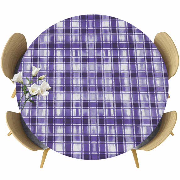 Purple Plaid Round Tablecloth, Fitted Table Cover with Elastic for 45"-54" Round Tables, Modern Art Checkered Farmhouse Table Cloth Outdoor Indoor Dinning Party Waterproof Tablecloths