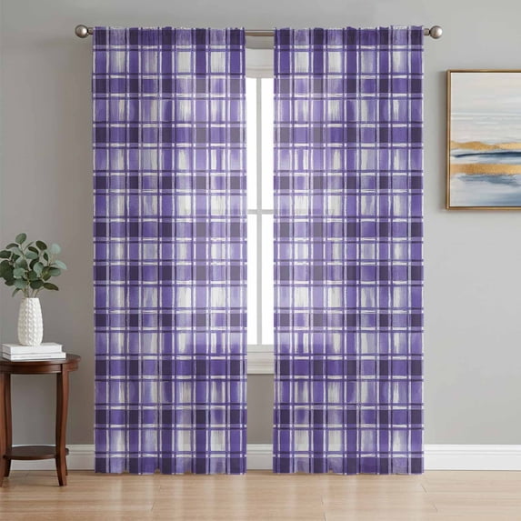Purple Plaid Sheer Curtains 72 Inch Length 2 Panels Set Window Treatments, Modern Art Checkered Farmhouse Rod Pocket Semi Curtains for Living Room/Bedroom/Kitchen Décor, 104"W x 72"L