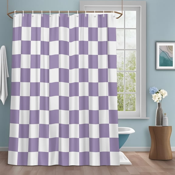 Purple Plaid Shower Curtain Set with Hooks, Modern Checkerboard Plaid Repeating Pattern Water Repellent Sturdy Shower Curtains for Bathroom Decoration, Machine Washable 36x72 Inch