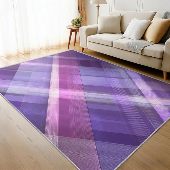 Purple Plaid Stripe Area Rug, Diagonal Check Pattern Carpet, Washable Non Slip Low Pile Soft Thin, Living Room Bedroom Home Decor Mat 5x8ft