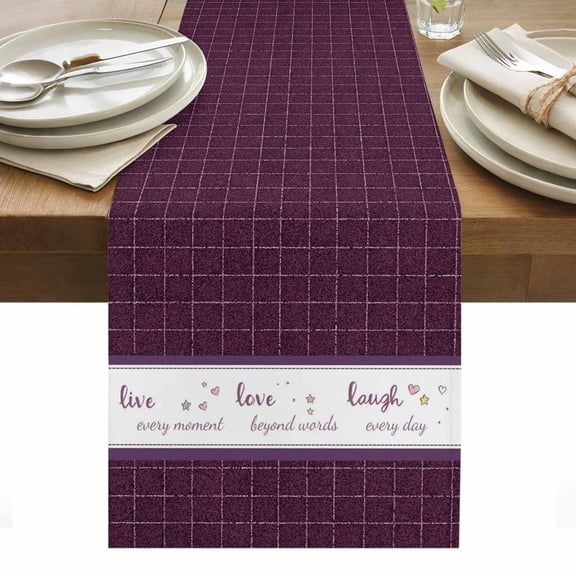 Purple Plaid Table Runner Live Love Laugh Text Star Love Heart Tablerunners 13 x 48 Inch, Table Decorations Tabletop Scarf for Summer Gathering Holiday Farmhouse Kitchen Dining Decor