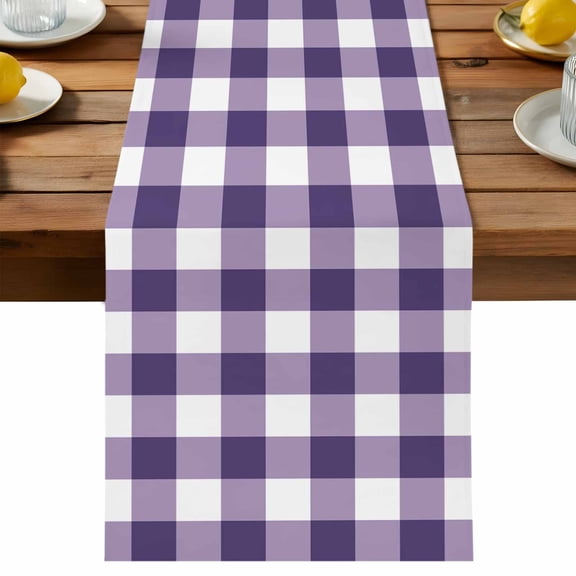 Purple Plaid Table Runner, Purple Gradient Cotton Linen Table Cloth, Line Check Geometric Tablerunner for Kitchen Dining Party Wedding Home Decor 13x36 Inch