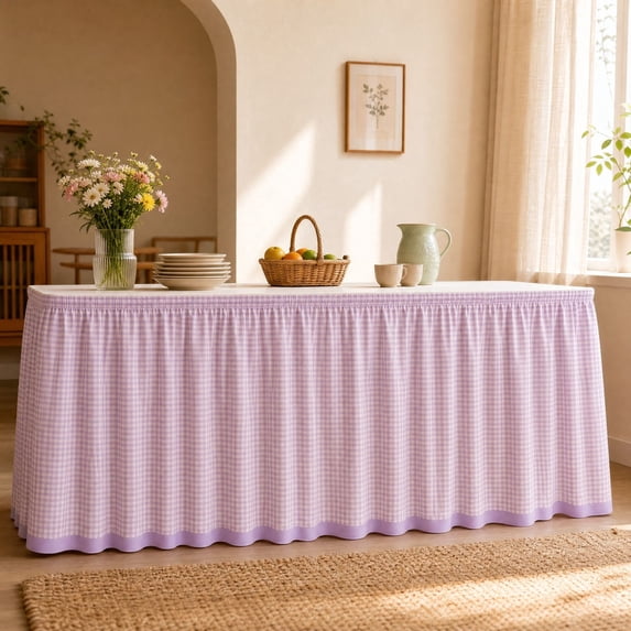 Purple Plaid Table Skirt, Ruffled Scalloped Edge Table Skirt, Farmhouse Checkered Table Cover, for Wedding, Party, Home Decor