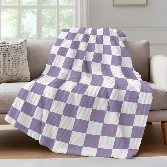 Purple Plaid Throw Blanket for Couch Modern Checkerboard Plaid Repeating Pattern Soft and Warm Flannel 3D Striped Fluffy Fuzzy Fleece Blanket Lightweight Throw for Bed, Sofa 30 x 40 Inches