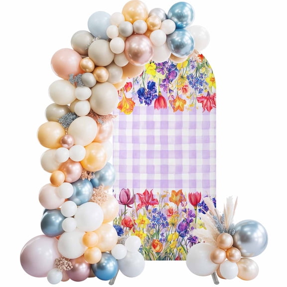 Purple Plaid Tulip Arch Backdrop Cover, Spandex Fitted Wedding Arch Cover, Spring Floral Watercolor Botanical Round Top Stand Covers for Birthday Ceremony Bridal Shower Party Decor 5x2.1 Ft