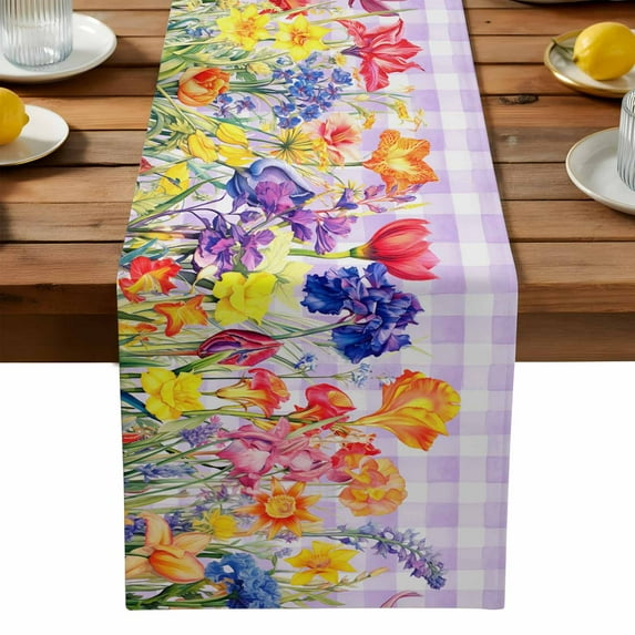 Purple Plaid Tulip Cotton Linen Table Runner for Dining Kitchen, Spring Floral Watercolor Botanical Wedding Outdoor Party Tablerunners Decoration, Dresser Scarf Coffee Tablecloth Runners 13x36 Inches